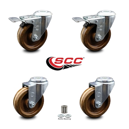 Service Caster 4 Inch High Temp Phenolic Swivel Bolt Hole Caster Set with 2 Total Lock Brake SCC-BHTTL20S414-PHRHT-2-S-2